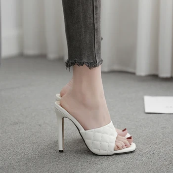 11cm Bayanlar Terlik Yaz Burnu açık Yüksek Topuklu Terlik Kadın Deri Sandalet Küçük Stiletto Kadın Slaytlar Ayakkabı Katır Ayakkabı
