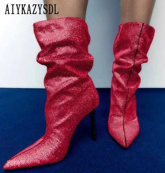 AIYKAZYSDL Moda Rhinestone Kristal Hımbıl Çizmeler Kadın Orta Buzağı Dans Botları Kırmızı Mavi Yeşil Gümüş Pembe Ayakkabı Üzerinde Kayma Patik