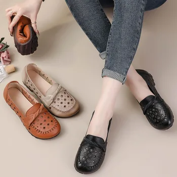 Xiuteng 2023 Yaz Nefes anne İnek Derisi Delik Ayakkabı Yumuşak Düğme Moda Sandalet kadın Büyük Boy Deri FlatShoes