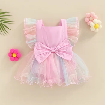 FOCUSNORM 0-24M Yaz Prenses Bebek Kız Romper Elbise Batik Baskılı Dantel Sinek Kollu Örgü Tutu Elbise İlmek İle