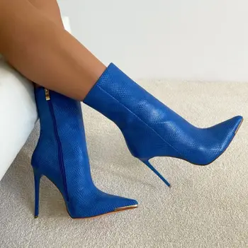 Sivri burun mavi stiletto seksi kadın yüksek topuklu yarım çizmeler 2021 yeni kadın moda rahat yarım çizmeler