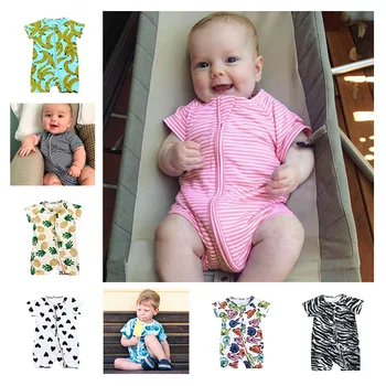 Yaz Bebek Giysileri Kız Tulum Moda Erkek Bebek Giysileri Pamuk Kısa Kollu Toddler Tulum Şerit Çocuk Giysileri 0-24 Ay