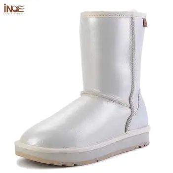 INOE Moda Gerçek Koyun Derisi Deri Doğal Koyun Yünü Kürk Astarlı Beyaz Rahat Kış Kar Botları Kadınlar için Su Geçirmez Sıcak ayakkabı