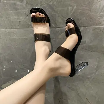Şeffaf PVC Yüksek Topuk Terlik Kadın Yaz Giyim Kalın topuklu sandalet Kadın Seksi Pembe Kare Ayak parti ayakkabıları Kadın Ayakkabı 2023