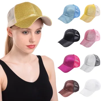 Rahat beyzbol şapkası Kadınlar İçin Ayarlanabilir Sequins Parlaklık Örgü Güneş Kapaklar Yaz Şapka Kızlar At Kuyruğu Nefes İçi Boş Snapback Şapka