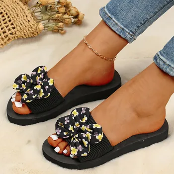Yazlık terlik Kadınlar Bayanlar İçin Bohemian Yay Çiçek Dekorasyon Sandalet burnu açık plaj terlikleri rahat ayakkabılar zapatos mujer