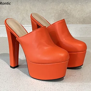 Rontıc El Yapımı Kadın Bahar Pompaları Platformu Tıknaz Topuklu Yuvarlak Ayak Güzel Turuncu Parti Cosplay Ayakkabı ABD Artı Boyutu 5-15