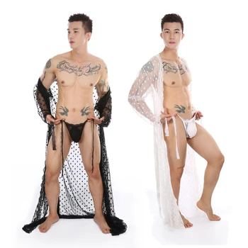 Erkek Bodysuit Seksi Dantel Bornoz Şeffaf Tanga Seti Eşcinsel İç Çamaşırı Erkekler S-2XL
