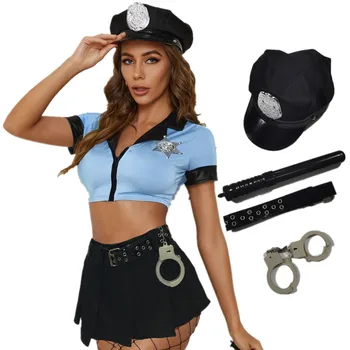 6 Adet Mavi Seksi Polis Üniforma Yetişkin Bayan Cadılar Bayramı Partisi Cosplay Cop Kıyafet Polis Kostüm Üst Etek Şapka + Kelepçe + Baton + Kemer