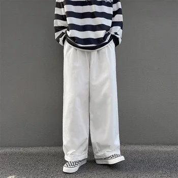 Japon tarzı gevşek geniş bacak pantolon erkekler için düz renk yüksek sokak rahat pantolon ve pantolon