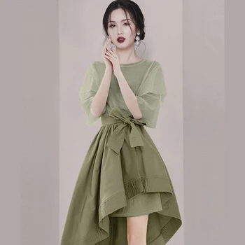 SuperAen Moda O Boyun Tişörtleri Düzensiz Yüksek Bel Uzun Etek İki parçalı Yeni Kadın Kore Tarzı Etek Setleri