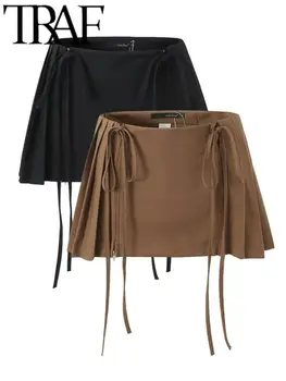 TRAF Yaz Moda Kadın Pilili Etek Çift Fermuarlı Yay Bağlı Şeritler A-Line Vintage Kadın Rahat Mini Etek Y2K Siyah 2023