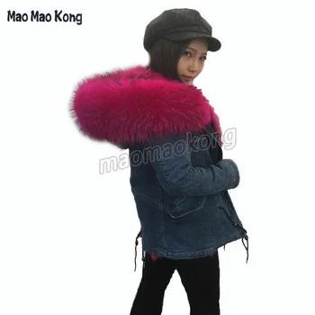 MaoMaoKong kış kadın ceket bayan Lüks gerçek kürk çıkarılabilir astar büyük rakun kürk denim palto moda ceket giyim