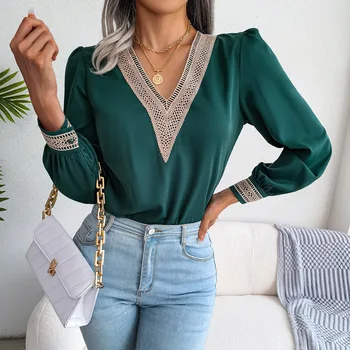 2023 Bahar Dantel Dikiş V Yaka Uzun Kollu Şifon Gömlek Bayanlar Katı Kazak Bluz Blusas Tops Elegantes Finas Para Mujer