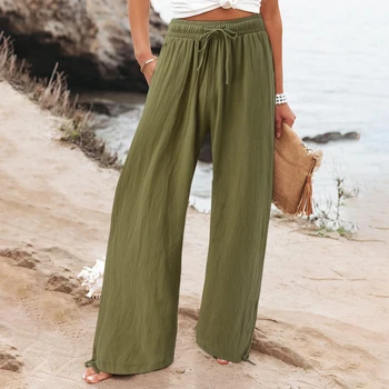 Kadınlar Geniş Bacak Pantolon Pamuk Keten Bayanlar Casual uzun pantolon Yüksek Belli Düz Renk Gevşek Fit Boho Tarzı Tatil Takım Elbise