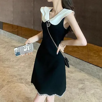 Lüks Dekorasyon Patchwork Parti Elbiseler Kadın Peter Pan Yaka Kadın Mini Tek Parça Kolsuz Kadın Balo Elbise Vintage Elbise