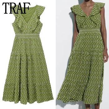 TRAF İşlemeli uzun elbise Kadınlar Yeşil Fırfır Yaz Kadın Elbise 2023 Cut Out Midi Elbiseler Kolsuz Zarif kadın elbiseleri