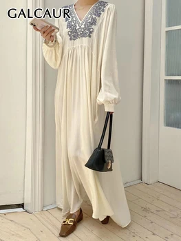 GALCAUR Nakış Maxi Elbiseler Kadınlar İçin V Boyun Uzun Kollu Yüksek Bel Kat Hit Renk Gevşek Vintage Elbise Kadın Yaz 2023
