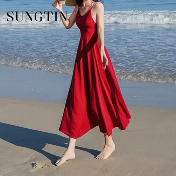 Sungtin Seksi Kırmızı Backless Spagetti kemerli elbise Kadınlar için Parti Katı V Boyun evaze elbise Yaz Kolsuz Vestido Plaj Tarzı