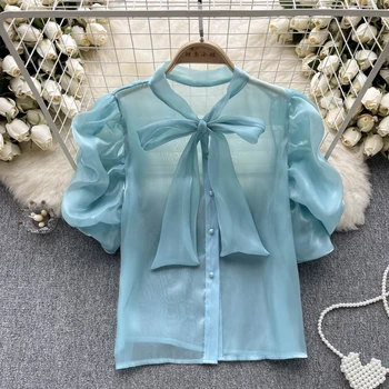 Kore Moda Yaz Dantel-Up Yay Şifon Gömlek Siyah Üstleri kadın Şık Puf Kısa Kollu Tek Göğüslü Beyaz Bluzlar 6 Renkler