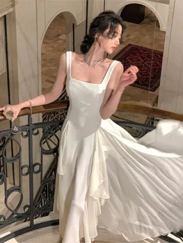 Kadın Fransız Zarif Kare Boyun Ruffles Elbiseler Yaz Yeni Bir Çizgi Akşam Parti Beyaz Elbiseler Moda Prenses Doğum Günü Elbise