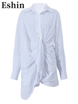Eshın Kadınlar Düzensiz Pilili Seksi Beyaz Gömlek Elbise Yeni Yaka Uzun Kollu Gevşek Fit Moda Gelgit Bahar Sonbahar 2023 TH1241