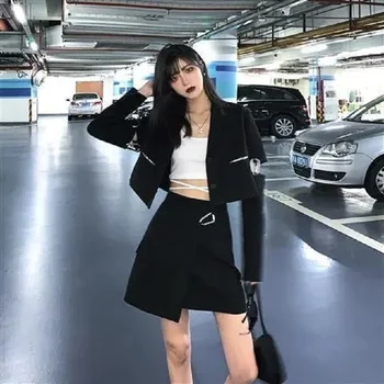 punk ceket Elbise retro yaz gömlek ceket Kore kadın siyah etek park bar rahat seksi elbise takım elbise iki parçalı y2k mini etek