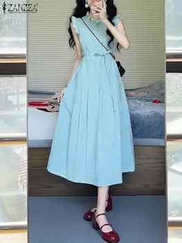 ZANZEA Tatlı Flare Dikiş Kadınlar Sundress Kore Moda Katı Midi DressesVintage Kolsuz Kuşaklı Düğmeler Yaz Elbiseler