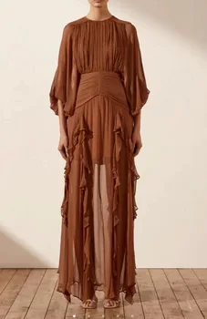 Kadın moda mantar kenar O-boyun uzun kollu %100 ipek ince bel Maxi elbise