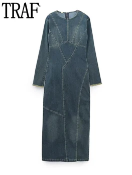 TRAF Mavi Denim Elbise Kadın Kış Uzun elbiseler Kadınlar için 2023 Dışarı Çıkmak Casual Maxi Elbise Kadınlar Uzun Kollu Yarık kadın elbisesi