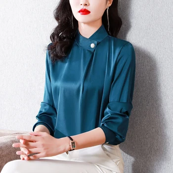 TingYiLi Bir Düğme Standı Yaka Saten Üst Kadın İlkbahar Sonbahar Zarif Katı Ofis Giyim Bluz Kore Tarzı Mavi Kırmızı Siyah Üst