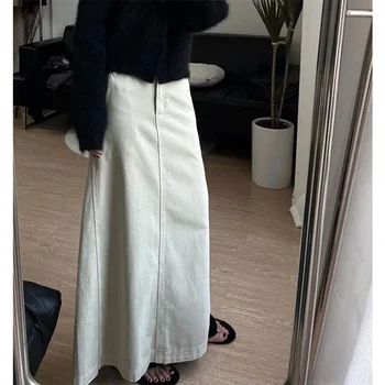 Beyaz Uzun Kot Etek Yarık Kadın Kore Tarzı Tiki Y2k Streetwear Vintage Kot Maxi Etek Yüksek Bel Harajuku