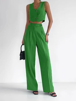 Foridol Kırpma Üst Geniş Bacak Pantolon Pamuk Keten Yüksek Moda Katı Kıyafetler Yelek Seti Yeni Moda Kadın Takım Elbise Yeşil Vintage Seti