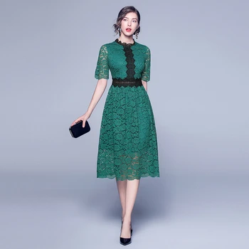 Oyma dantel 2023 Yaz Tığ Resmi Elbise Şık Büyük Hem Midi Elbise Zarif Yuvarlak Boyun A-Line Kadın Elbise Kalma