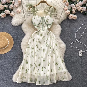 Vintage Çiçekli Baskı Kelebek Sapanlar Pileli Kayma Elbise evaze elbise Şık Yaz Kore Plaj Vestidos Kadınlar Tatil Sundress