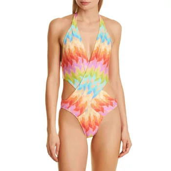 Halter Mayo bikini seti Tek Parça Gökkuşağı Renk Mayo Plaj Elbise ile Ayrı Bandeau Yüksek Bel Yaz Yüzme Biquini