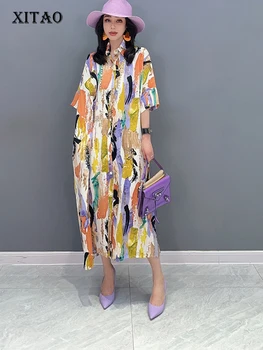 XITAO Baskı Desen Elbise Moda Zarif Tanrıça Fan Rahat Tarzı Gevşek 2023 Yaz Azınlık Düzensiz Elbise Üst WLD16742