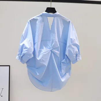 Blusas Mujer De Moda Pamuk Kırpma Üst Gevşek Pilili Kısa Kollu Mavi Gömlek Vahşi Beyaz Bluz Kadın Camisas yazlık gömlek
