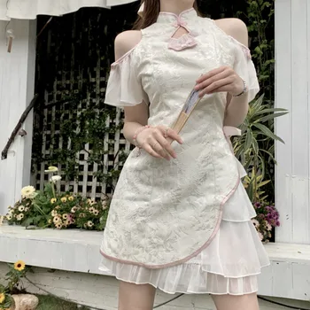 Büyük Mini Elbise kadın Modifiye Cheongsam Küçük Tasarım Düzensiz A-line Yeni Çin Tarzı Moda Sokak Zarif Tatlı Elbiseler