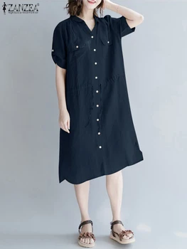 2023 ZANZEA Yaz Moda V Boyun Kısa Kollu Gömlek Elbise Kadınlar Casual Lace Up Midi Sundress Elbiseler Katı Düğmeler Aşağı Vestido