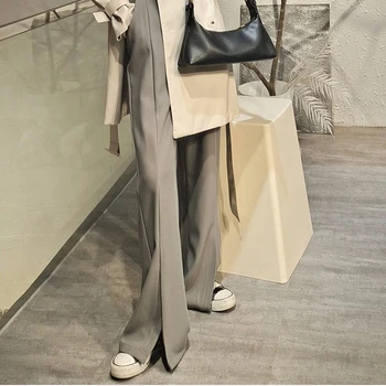 Vintage Uzun Flare Pantolon Yeni Kadın Streetwear Yüksek Bel Uzun Pantolon Ofis Bayan Rahat Bölünmüş Kore Moda pantolon