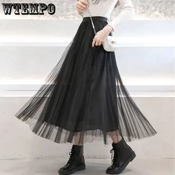 WTEMPO Vintage Kadınlar Tül Etek Orta Uzunlukta Rahat Tüm Maç Yüksek Bel evaze elbise Moda Streetwear Y2k kadın giysisi