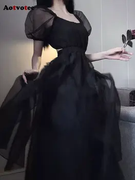 Aotvotee Puf Kollu Midi Elbise Kadınlar için 2023 Moda Fairycore Slash Boyun Backless yaz elbisesi Vintage Dantel-up Siyah Elbise