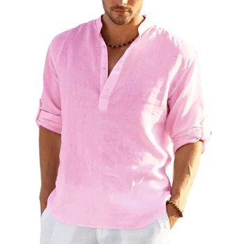 Yeni 2023 erkek Keten uzun Kollu tişört Düz Renk Gevşek Rahat Gömlek Uzun Kollu Pamuklu Keten Gömlek