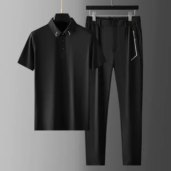 Minglu Yumuşak İpeksi Yaz Erkek Setleri (t-shirt + pantolon) lüks Düz Renk Kısa Kollu Spor Rahat Erkek Setleri Slim Fit İnce Erkek Takım Elbise
