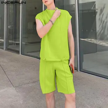 Yaz Erkek Setleri Düz Renk Streetwear O-boyun Kolsuz Tankı Üstleri ve Şort 2 ADET Gevşek 2023 Koreli erkek Rahat Takım Elbise INCERUN