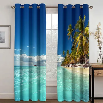3D Baskı Ucuz Mavi Okyanus Plaj Doğal Peyzaj Yeşil Bitkiler 2 Adet Gölgeleme Pencere Perde Oturma Odası yatak odası dekoru