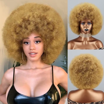 Kısa Saç Afro Kinky Kıvırcık Peruk Siyah Kadınlar İçin Patlama İle Afrika Sentetik Cosplay Doğal Sarışın Kırmızı Mavi Peruk
