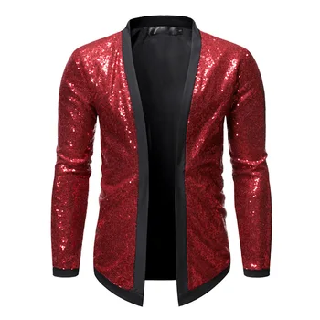 Kırmızı Sequins Blazer Erkekler Slim Fit DJ Gece Kulübü Balo Blazer Erkek Parti Düğün Smokin Takım Elbise Blazer Ceket Sahne Giysileri şarkıcılar için