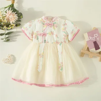 Bebek kız elbisesi, yeni Yaz Çin Tarzı Patchwork Örgü Püskül Kısa Kollu Prenses Cheongsam Yaşlı 0-3